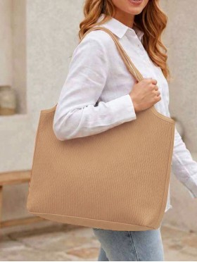 Faux Leather Ribbed Satchel Bag with Strap 